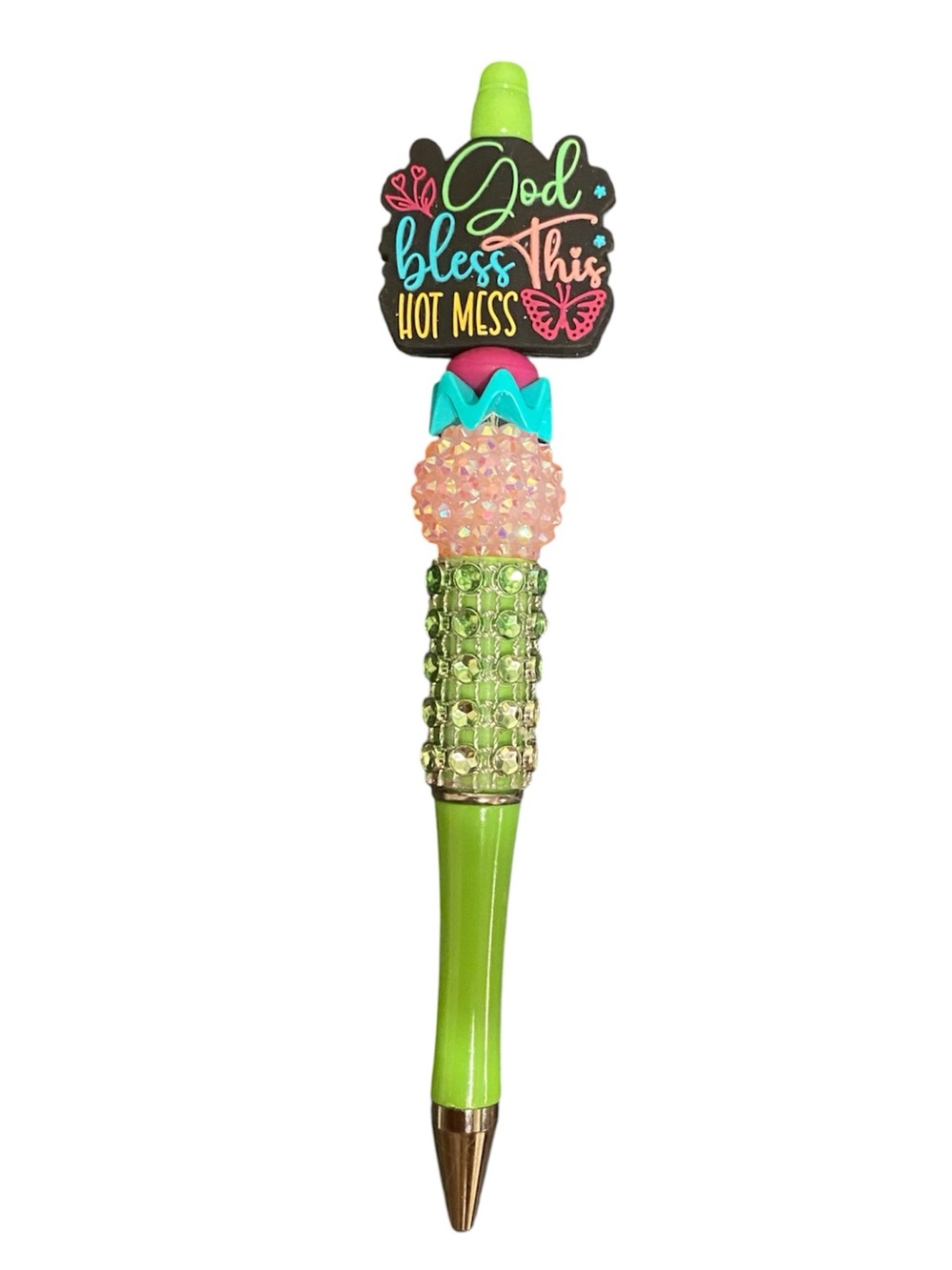 Lime Green Beaded Decorative Pen with 'God Bless This Hot Mess' Topper